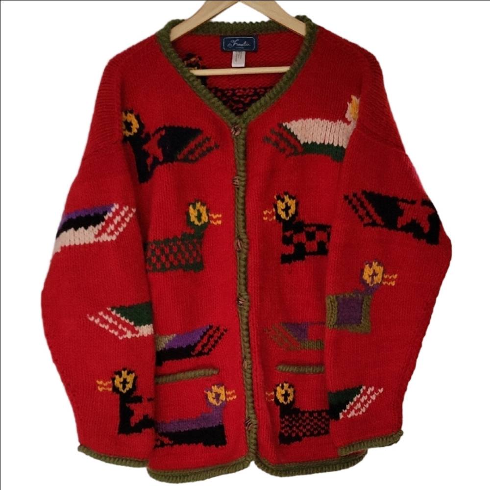Frantic Outwear Hand Knitwear Red Wool Chunky Thick Cardigan Ducks Unique Rare L